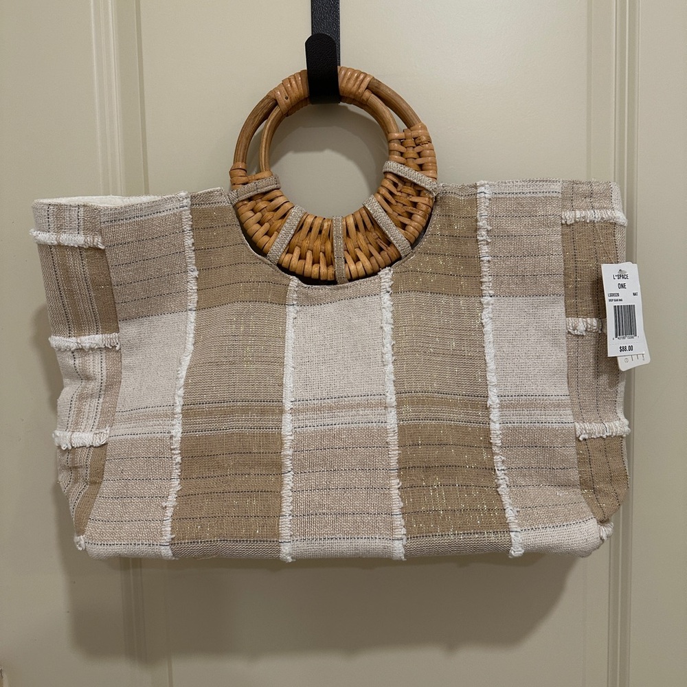 NEW w/TAGS L*Space Deep Seas Tan and White Beach Tote Bag with Bamboo Handle - Picture 2 of 9